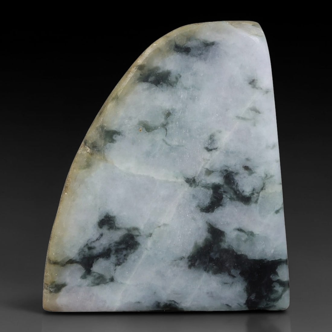 295ct Natural Type A Burmese Jadeite Jade Sliced Rough, 71FB: This specimen is a sliced rough block of natural Type A Burmese jadeite jade. The interior displays natural colour zoning with visible mineral veining and crystalline patterns typical of unprocessed j