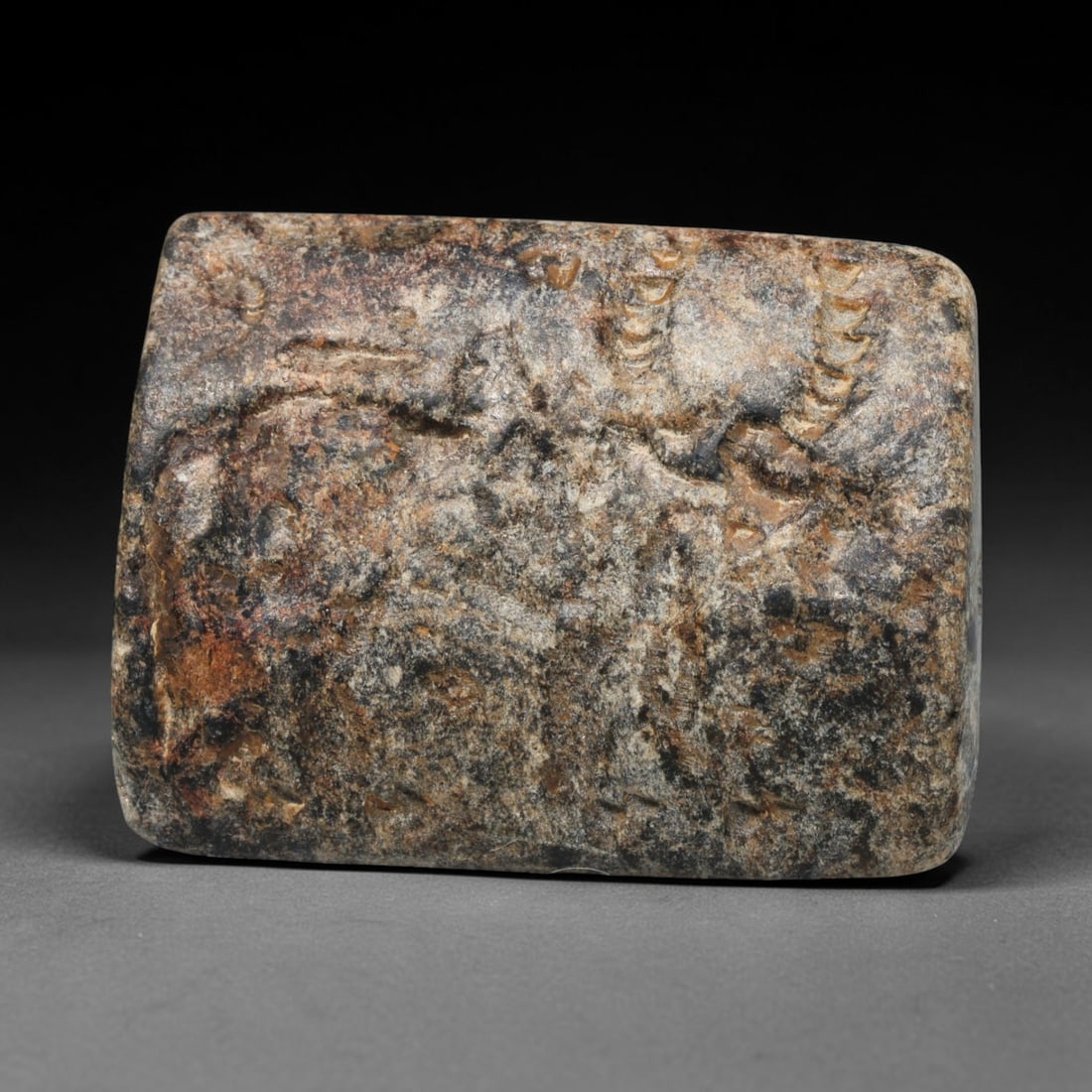 Ancient Sogdian Double Convex Intaglio Bead (500 BCE-800 CE), 28ED: This dark stone double convex intaglio bead originates from Sogdian Culture, the prominent trading civilisation that dominated transcontinental commerce along the ancient Silk Road. Each flattened fac