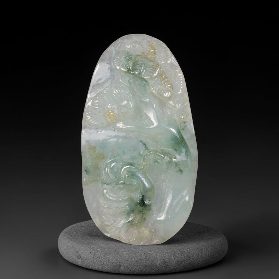 Natural Burmese Type A Jadeite Jade Hand Carved Pendant, 14EF: Artisan hand-carved untreated Burmese Type A jadeite jade pendant measuring 43x23 mm. Carefully sculpted with detailed relief craftsmanship and finished with a smooth glossy polish. Authentic Type A j