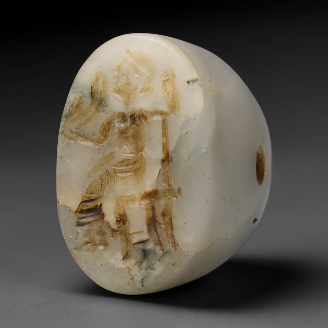 Ancient Sasanian Persian Conoid Stone Stamp Seal (224-651 CE), 56ED: This antique conoid stamp seal originates from the Sasanian Persian Empire, utilised for marking property and worn as a personal talisman throughout late antiquity. The pale mottled stone bears an int