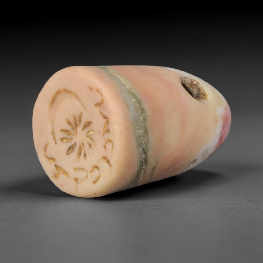 Ancient Sasanian Persian Banded Stone Conical Stamp Seal (224-651 CE), 77ED: This antique banded stone conical stamp seal originates from Ancient Sasanian Persian civilisation, crafted for creating impressions and used as a wearable protective talisman. The pastel banded stone