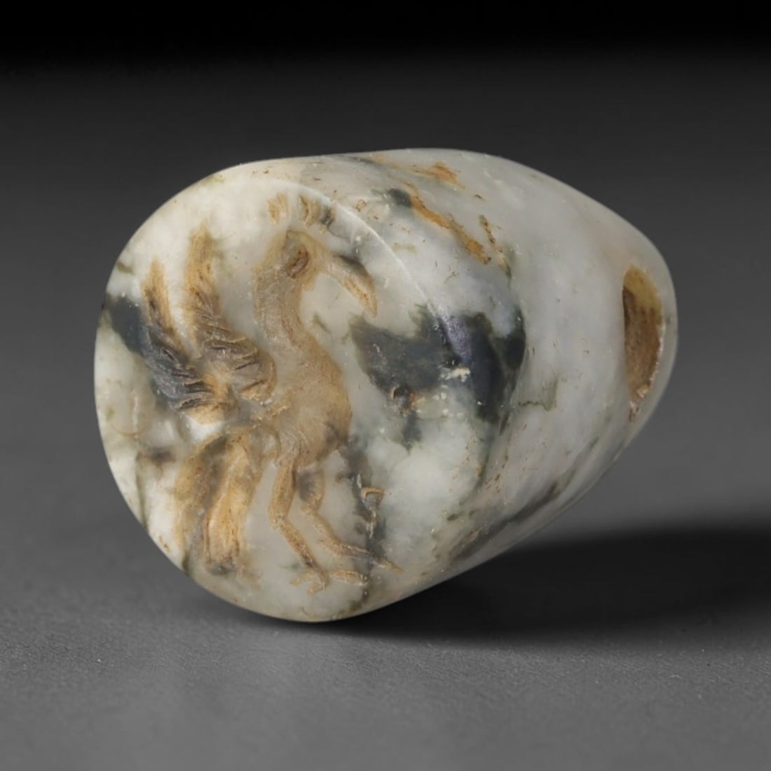 Ancient Sasanian Persian Banded Stone Conical Stamp Seal (224-651 CE), 60EF: This antique banded stone conical stamp seal originates from Ancient Sasanian Persian civilisation, utilised to produce clay impressions and worn as a protective personal talisman. The marbled pale st