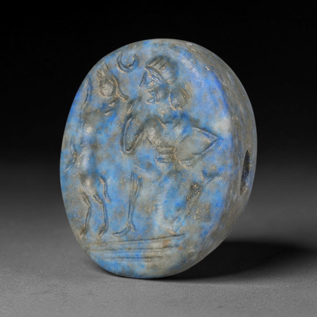 Ancient Sasanian Persian Lapis Lazuli Intaglio Stamp Seal (224-651 CE), 78ED: This antique lapis lazuli intaglio stamp seal originates from Ancient Sasanian Persian civilisation, serving both as a functional seal for marking clay impressions and a revered wearable protective ta