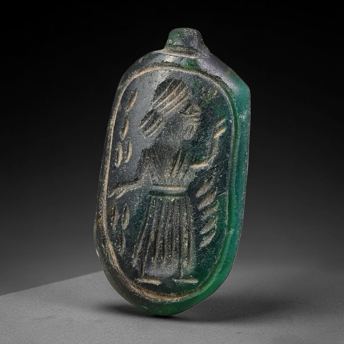 Vintage Natural Carnelian Agate Revival Indo-Persian Glyptic Figural Talisman Amulet Plaque, 81FK: This vintage talisman pendant plaque is skillfully carved from natural banded carnelian agate, crafted in a style referencing ancient Indo-Persian glyptic art traditions. The face bears detailed relie