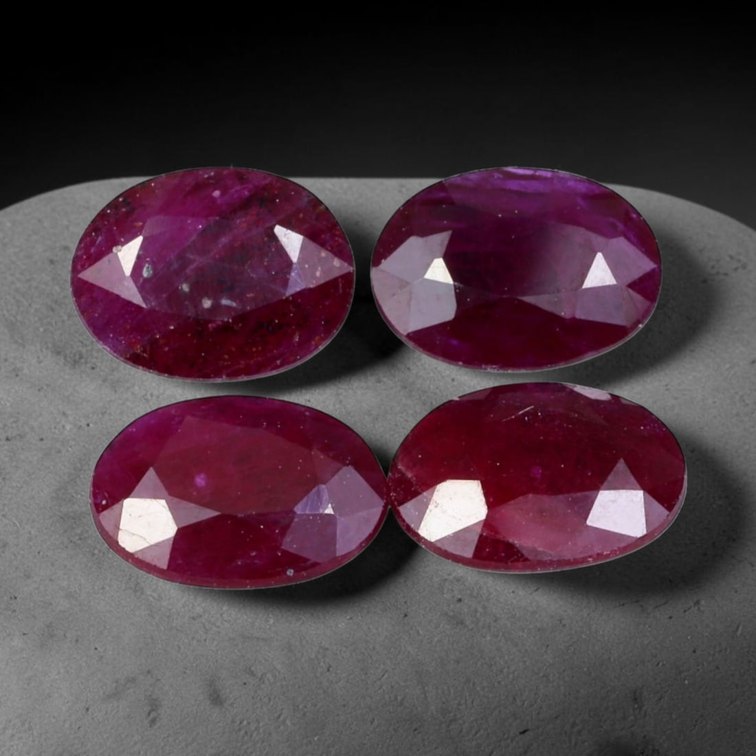 3.34ct Natural Burmese Ruby 4 Piece Oval Faceted Matching Set Loose Gemstones, 97BV: This set includes four matching oval faceted natural Burmese ruby gemstones, with an average dimension of 7.1x5.3x2.1mm per stone. Originating from Myanmar, these stones display rich red tones accompa