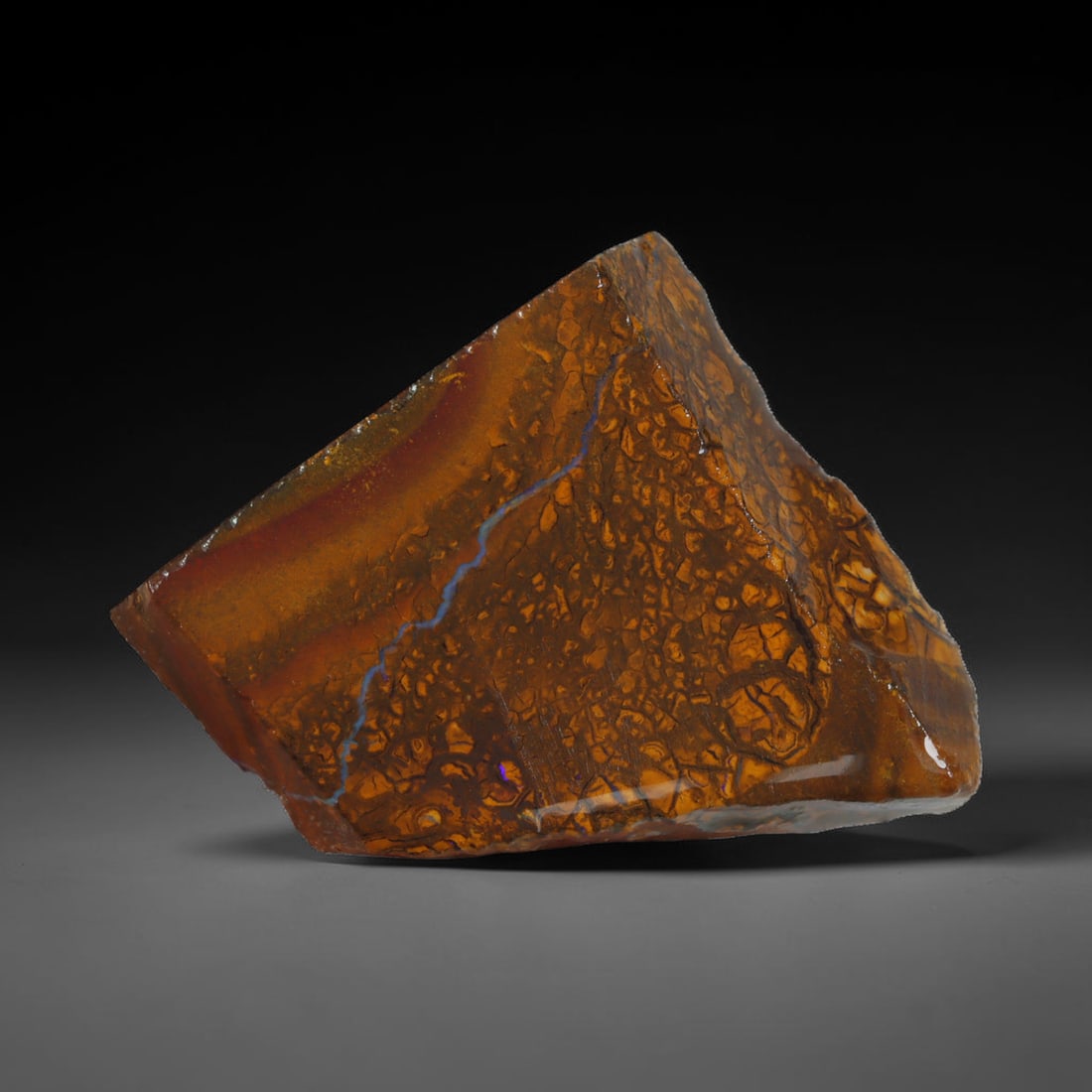 41.43ct Natural Australian Queensland Boulder Opal Sliced Slab Cutting Rough, 22AX: Natural sliced slab rough of Queensland boulder opal cutting grade, featuring rich color ironstone matrix with patterns. The face clearly reveals extensive opal veining and pocket formations running t