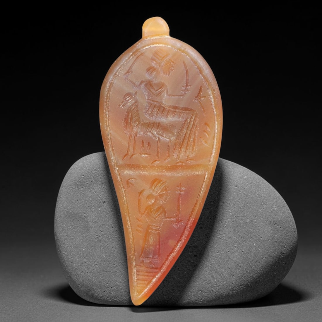 Vintage Natural Carnelian Agate Revival Indo-Persian Glyptic Figural Talisman Amulet Plaque, 22FK: This vintage talisman pendant plaque is skillfully carved from natural banded carnelian agate, crafted in a style referencing ancient Indo-Persian glyptic art traditions. The face bears detailed relie