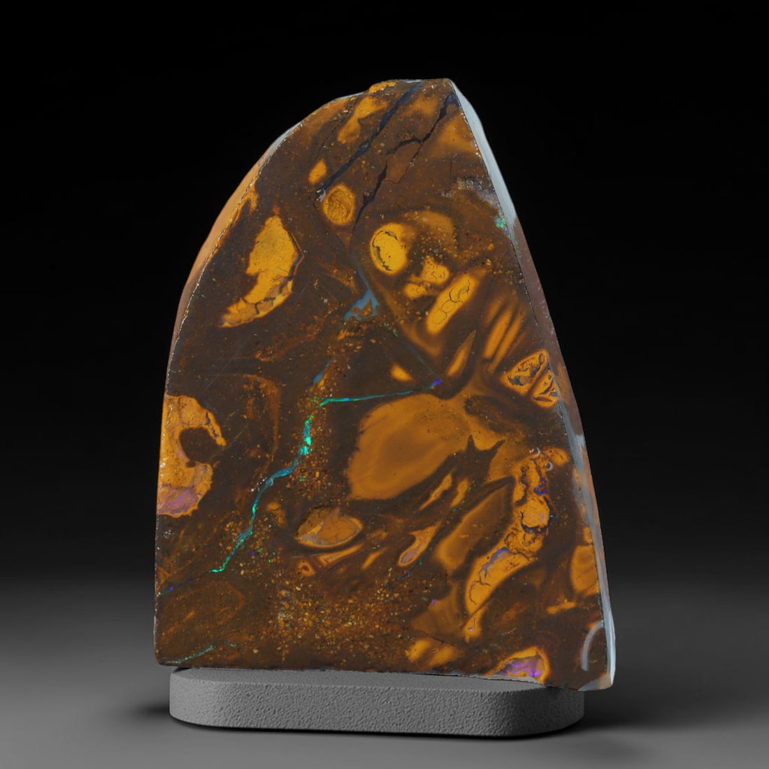 30.34ct Natural Australian Queensland Boulder Opal Sliced Slab Cutting Rough, 9AX: Natural sliced slab rough of Queensland boulder opal cutting grade, featuring rich color ironstone matrix with patterns. The face clearly reveals extensive opal veining and pocket formations running t