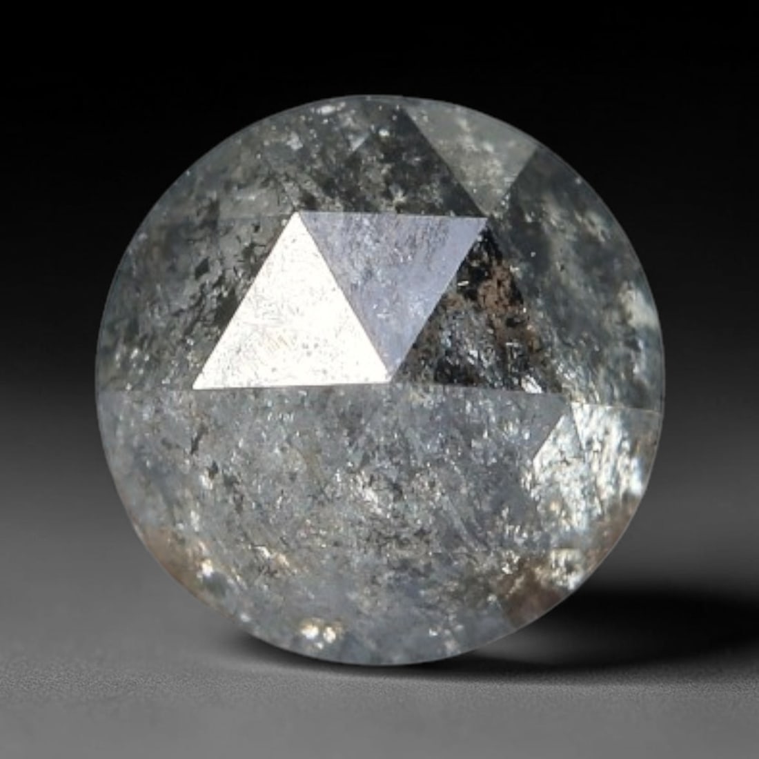 0.23ct Natural Untreated Salt And Pepper Round Rose Cut Diamond Loose Gemstone, 34BH: This polished natural salt and pepper diamond features a translucent pale base naturally scattered with distinctive dark mineral speckles and inclusions throughout its crystal interior, measured at ca