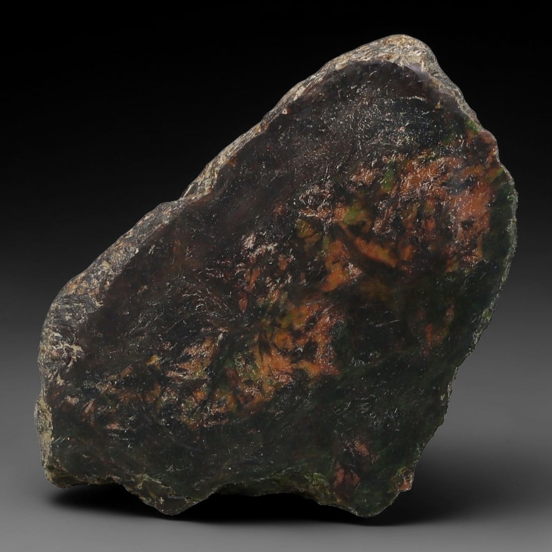 243ct Natural Type A Burmese Jadeite Jade Sliced Rough, 17AZ: This specimen is a sliced rough block of natural Type A Burmese jadeite jade. The interior displays natural colour zoning with visible mineral veining and crystalline patterns typical of unprocessed j