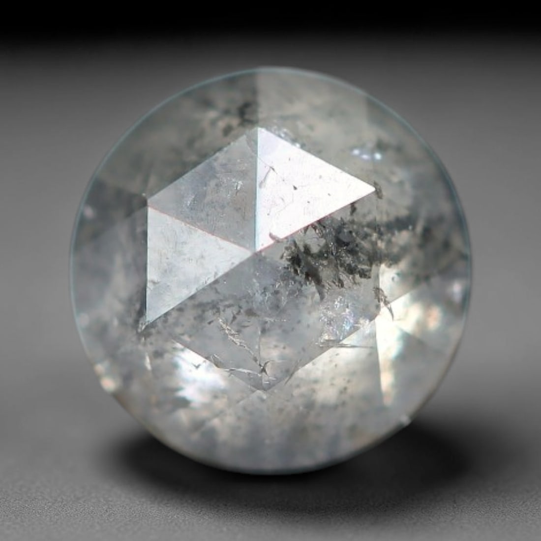 0.37ct Natural Untreated Salt And Pepper Round Rose Cut Diamond Loose Gemstone, 49BH: This polished natural salt and pepper diamond features a translucent pale base naturally scattered with distinctive dark mineral speckles and inclusions throughout its crystal interior, measured at ca