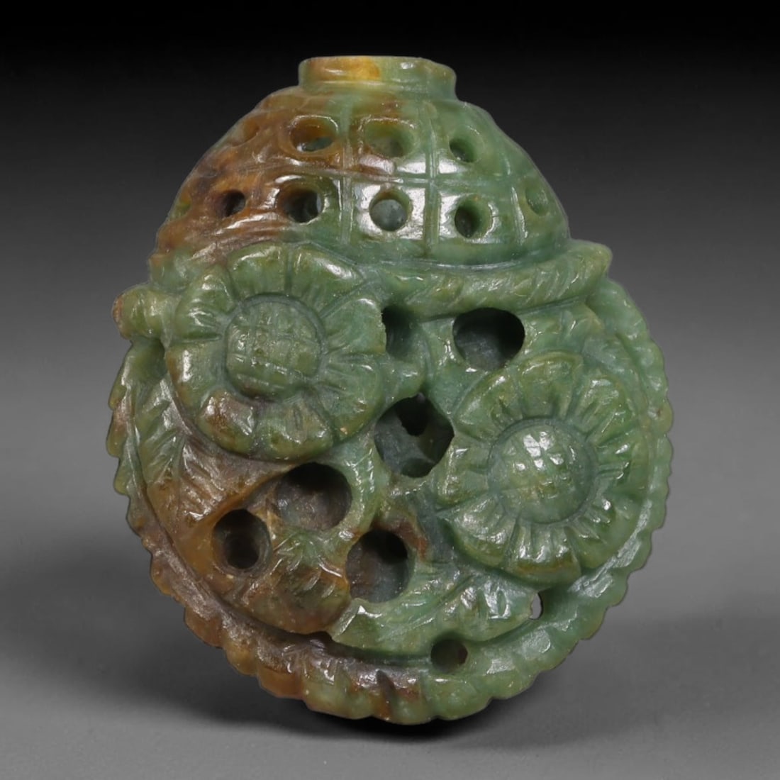 Natural Vintage Burmese Type A Jadeite Jade Openwork Floral Cage Pendant, 53AA: Hand-carved vintage pendant crafted from authentic natural Burmese Type A jadeite jade, measuring 3cm x 2.5cm. The rounded cage-style carving features intricate double-sided openwork pierced detailing