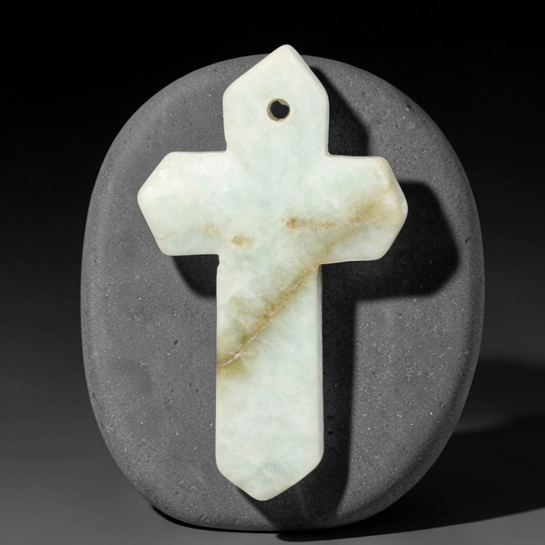 Natural Burmese Type A Jadeite Jade Christian Cross Pendant, 19BT: Hand crafted untreated Burmese Type A jadeite jade cross pendant measuring 46x27 mm, shaped into a classic Christian cross silhouette with tapered pointed terminals. The stone features a smooth polish
