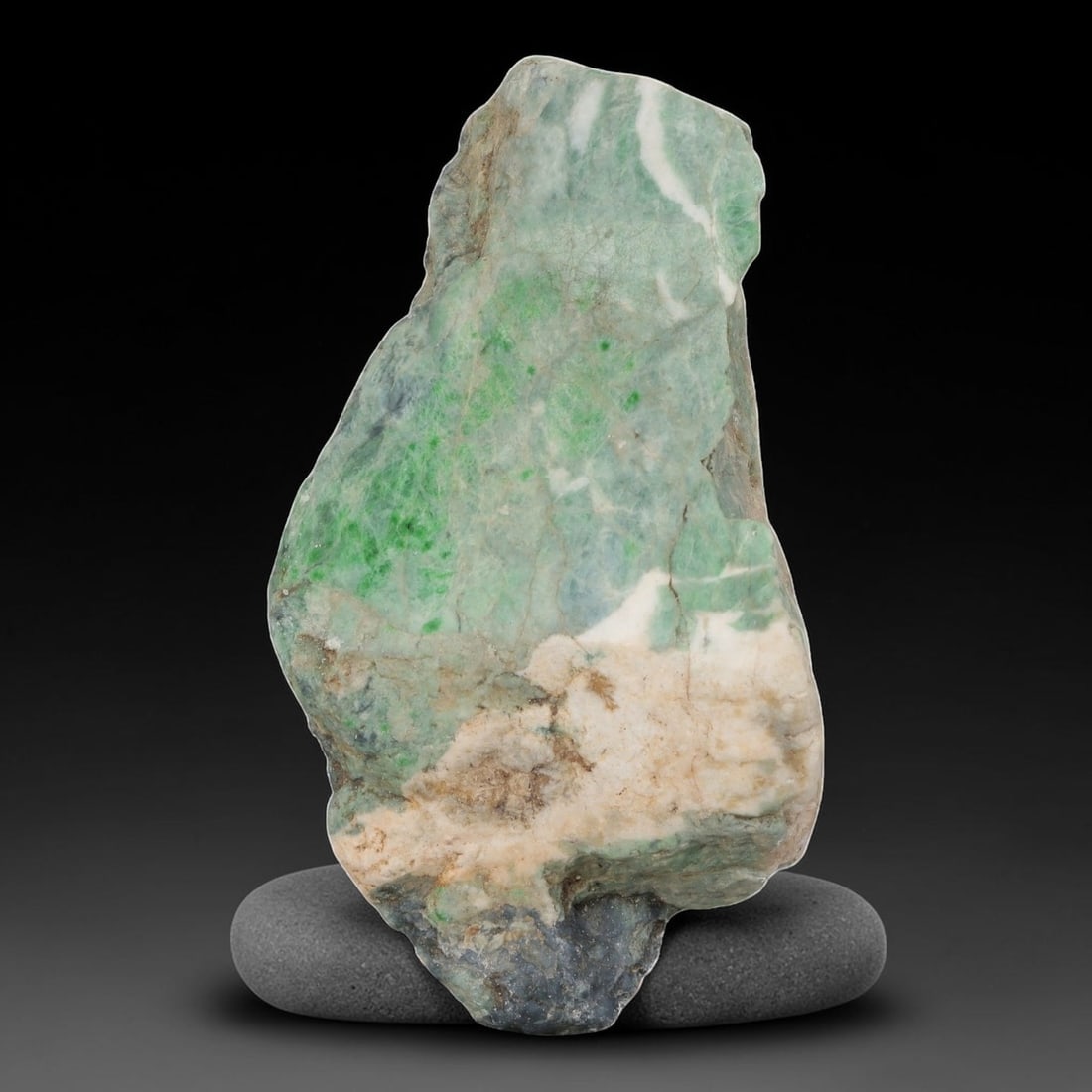 1500ct Natural Burmese Moss in Snow Jadeite Rough - Green Streaked Landscape Stone, 72EA: This is a natural Type A Burmese jadeite rough stone, measuring 10.5x6.5cm and weighing 300g (1500ct). It showcases the classic "Moss in Snow" pattern, with vivid, forest-green moss-like inclusions na