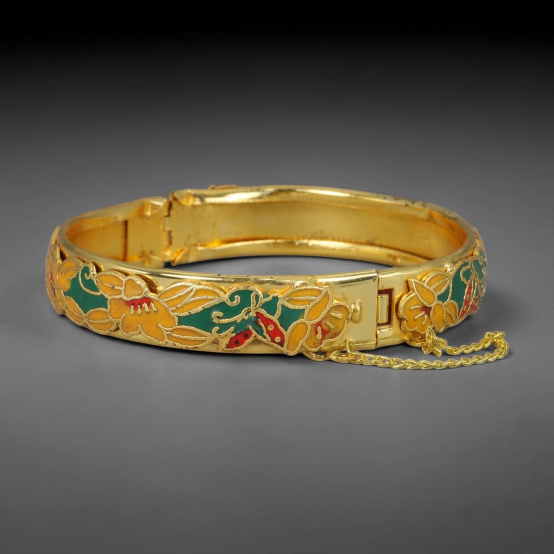 Vintage Chinese Cloisonne Bangle - Gilded Floral Enamel Bracelet, 80FD: Crafted from polished gilded metal with traditional Chinese cloisonne wire filigree technique, this wide hinged bangle features openwork embossed floral motifs filled with deep green, golden yellow an
