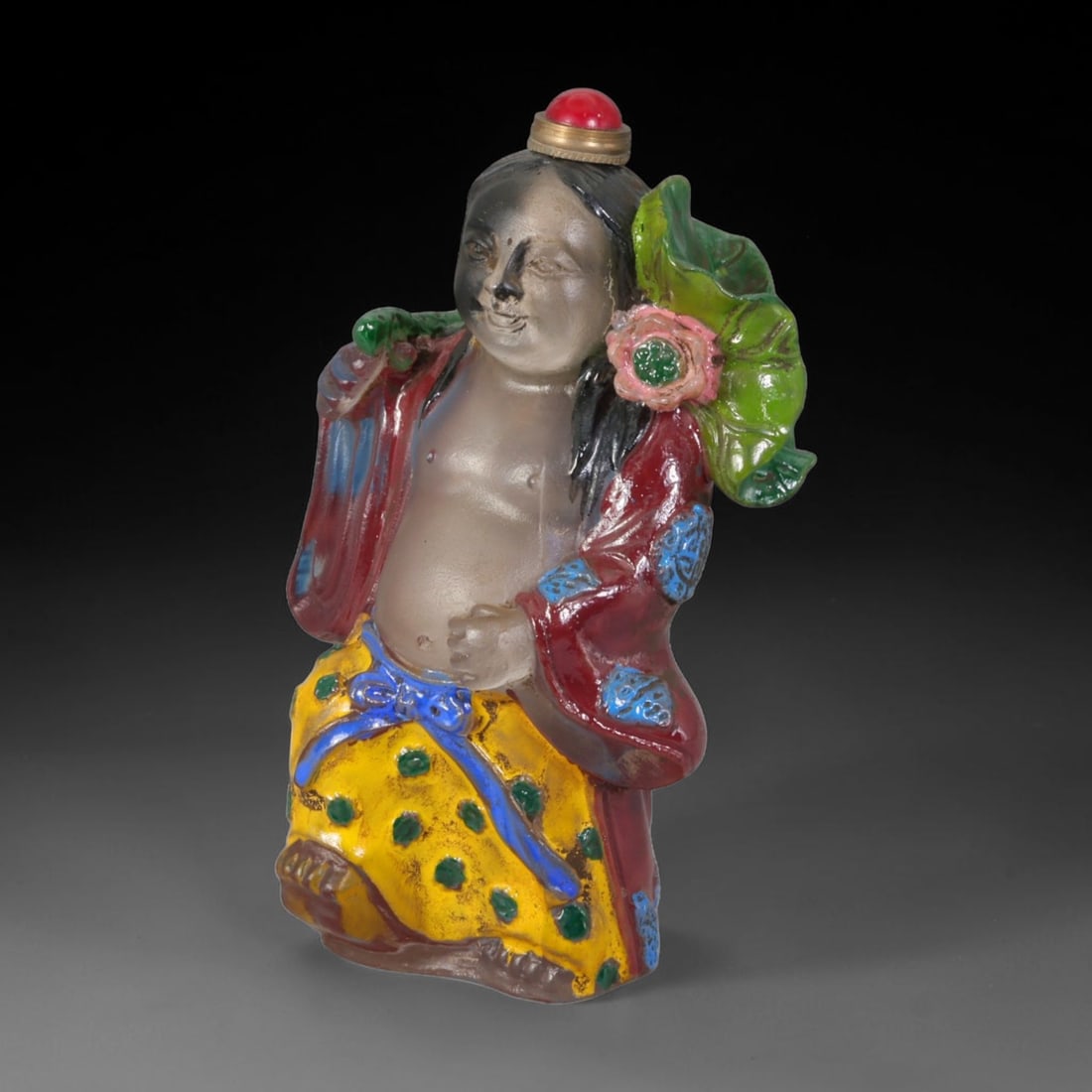 Vintage Chinese Liuli Glass Snuff Bottle - Hand Painted He He Immortal Lotus Figurine Vessel, 60AS: This fully sculpted anthropomorphic snuff bottle is crafted from translucent frosted clear vintage Chinese liuli glass, shaped as a traditional He He Er immortal figure with soft smiling facial featur