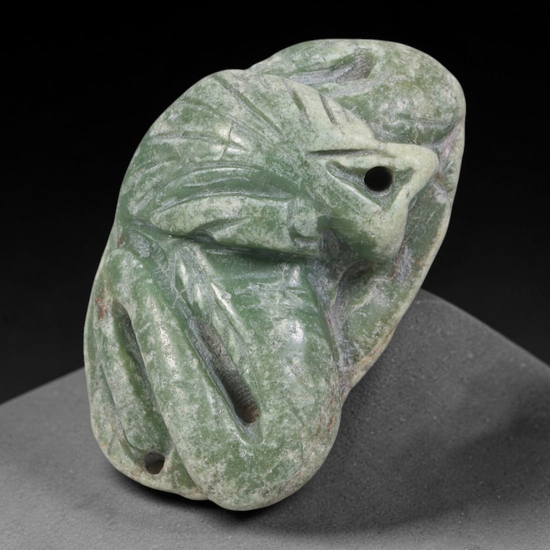 Natural Vintage Burmese Type A Jadeite Jade Coiled Dragon Pendant, 49AA: Hand-carved vintage wearable talisman crafted from untreated natural Burmese Type A jadeite jade, measuring 3.8cm x 2.3cm. This compact oval jade piece features a stylized relief carving of a coiled w