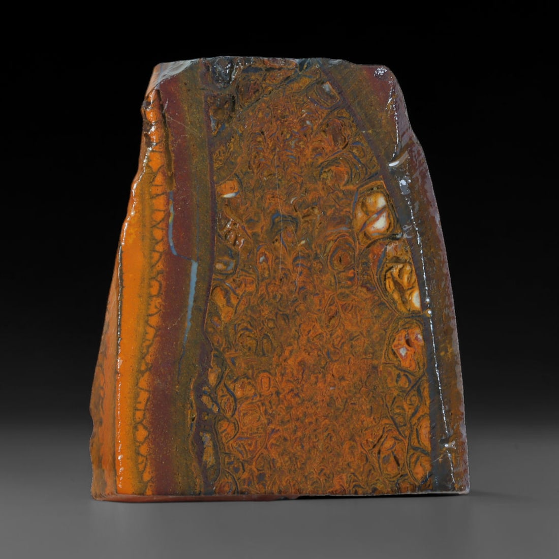 53.60ct Natural Australian Queensland Boulder Opal Sliced Slab Cutting Rough, 27AX: Natural sliced slab rough of Queensland boulder opal cutting grade, featuring rich color ironstone matrix with patterns. The face clearly reveals extensive opal veining and pocket formations running t