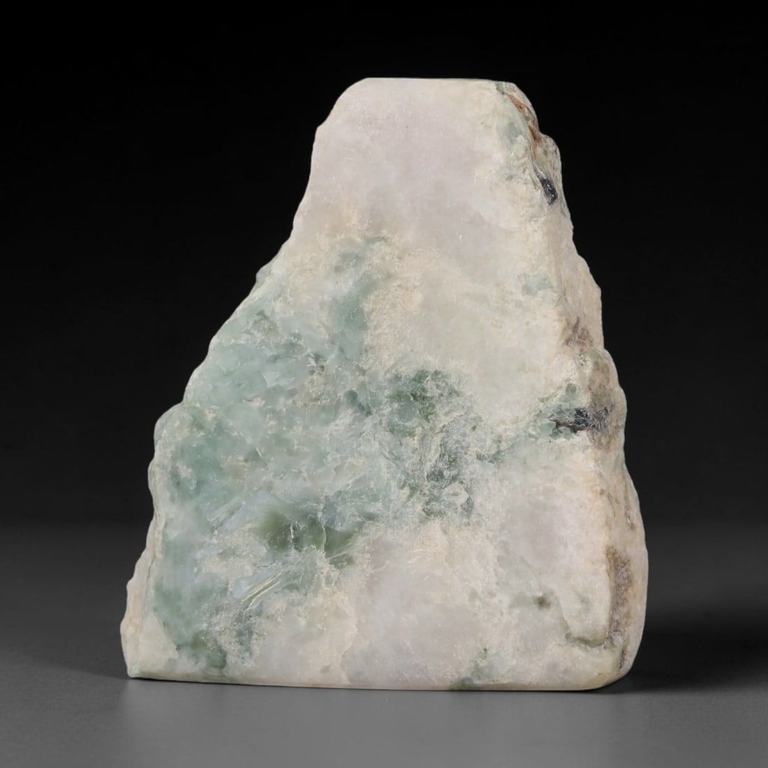 216ct Natural Type A Burmese Jadeite Jade Sliced Rough, 42BQ: This specimen is a sliced rough block of natural Type A Burmese jadeite jade. The interior displays natural colour zoning with visible mineral veining and crystalline patterns typical of unprocessed j