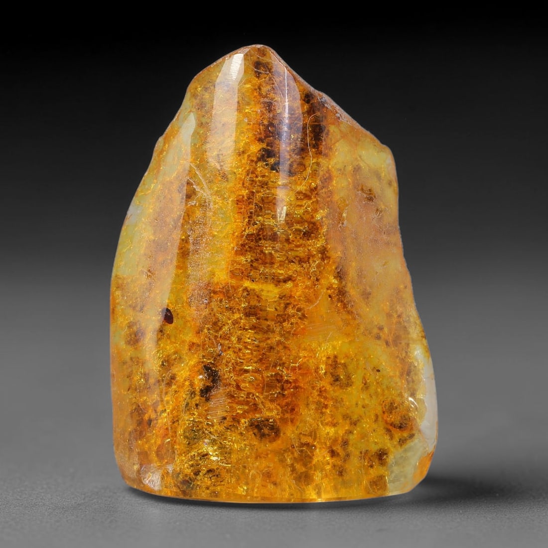 14.87ct Natural Baltic Polished Loose Freeform Amber Gemstone, 34AT: This smoothly polished freeform amber piece carries warm translucent organic clarity with fine natural fossil flecks and tiny mineral inclusions suspended throughout its 32x23mm flowing unstructured s