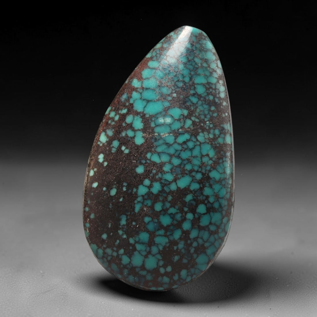 28ct Vintage Tibetan Natural Turquoise Freeform Cabochon Loose Gemstone, 77BW: Polished vintage Tibetan turquoise freeform cabochon loose gemstone, measuring 31x18 mm. Features characteristic natural matrix webbing and earthy mineral markings inherent to authentic Tibetan turquo