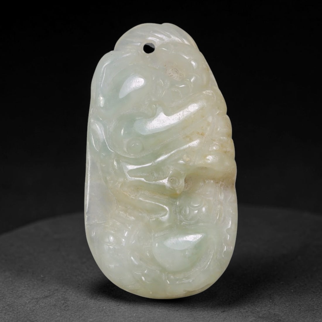 Natural Vintage Burmese Type A Jadeite Jade Coiled Dragon & Ingot Relief Pendant, 51AA: Hand-carved vintage auspicious pendant crafted from fully untreated natural Burmese Type A jadeite jade, measuring 3.8cm x 2.1cm. This organic freeform teardrop jade plaque features deep relief carvin