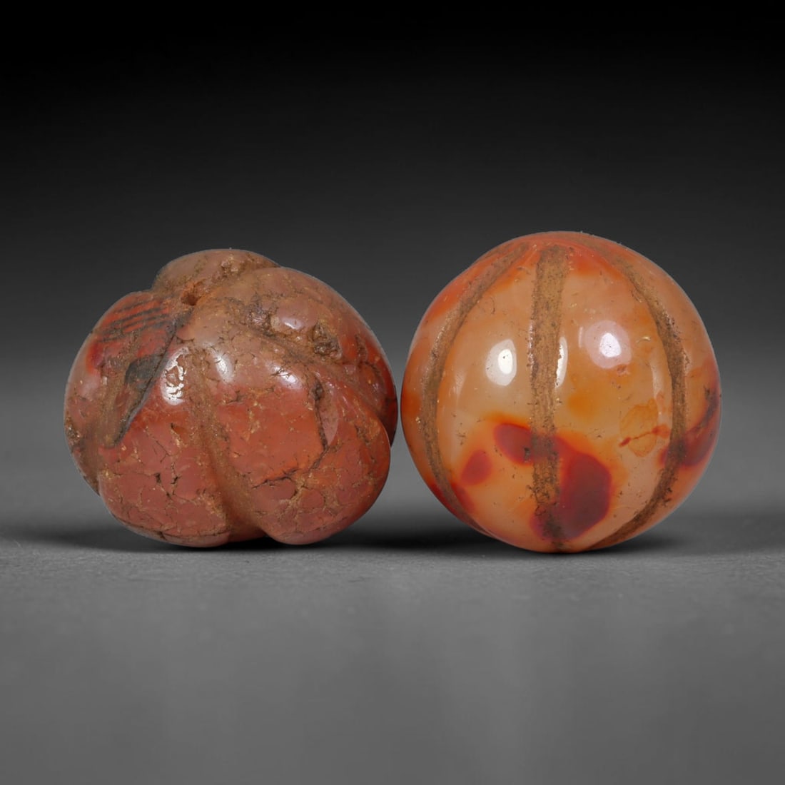 Ancient Medieval Khmer Angkor Culture Carved Carnelian Melon Bead Pair (802-1431 CE), 41AE (1 of 1)