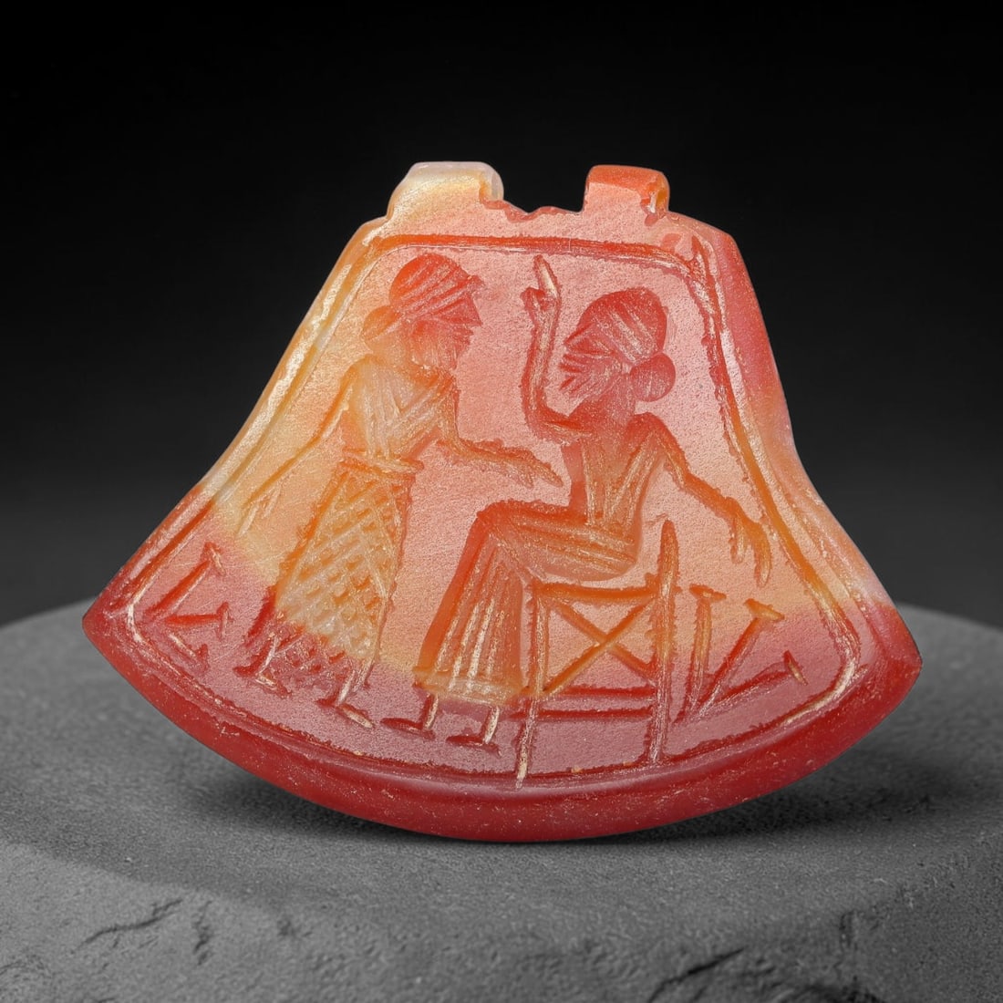 Vintage Natural Carnelian Agate Revival Indo-Persian Glyptic Figural Talisman Amulet Plaque, 12FK: This vintage talisman pendant plaque is skillfully carved from natural banded carnelian agate, crafted in a style referencing ancient Indo-Persian glyptic art traditions. The face bears detailed relie