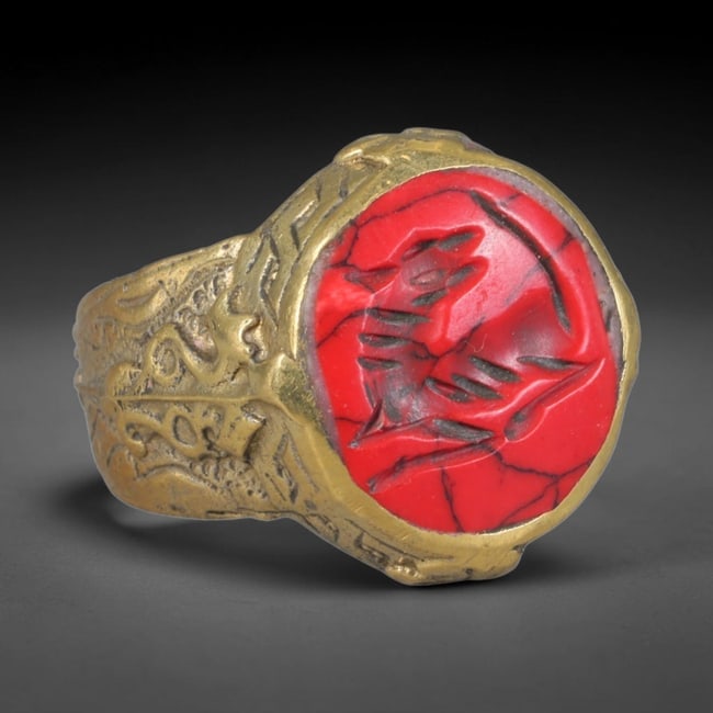Antique Near Eastern Bust Intaglio Cabochon Set Vintage Signet Ring (1700-1900 CE), 63BQ: The core collectible piece is the antique red matrix hardstone intaglio cabochon, fully hand-carved with a classical profile bust intaglio motif. Distinct from ancient and modern vintage stonework, th