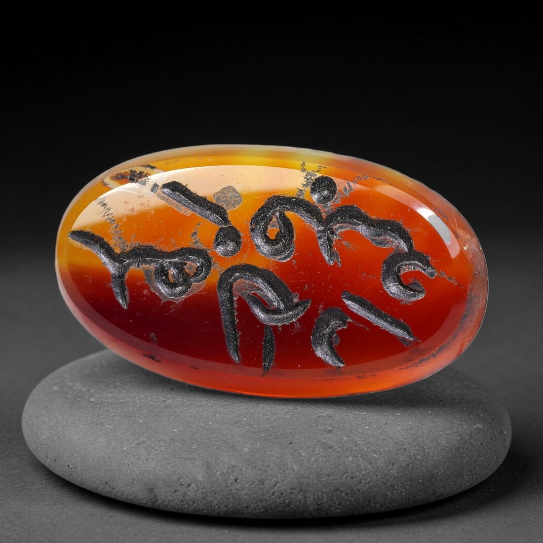 Vintage Mid-Century Carnelian Agate Islamic Calligraphic Intaglio Seal Cabochon Talisman, 22BW: This vintage mid-century natural carnelian agate intaglio seal cabochon draws inspiration from historic Islamic lapidary traditions, crafted as a wearable talisman and seal blank for jewelry setting. 