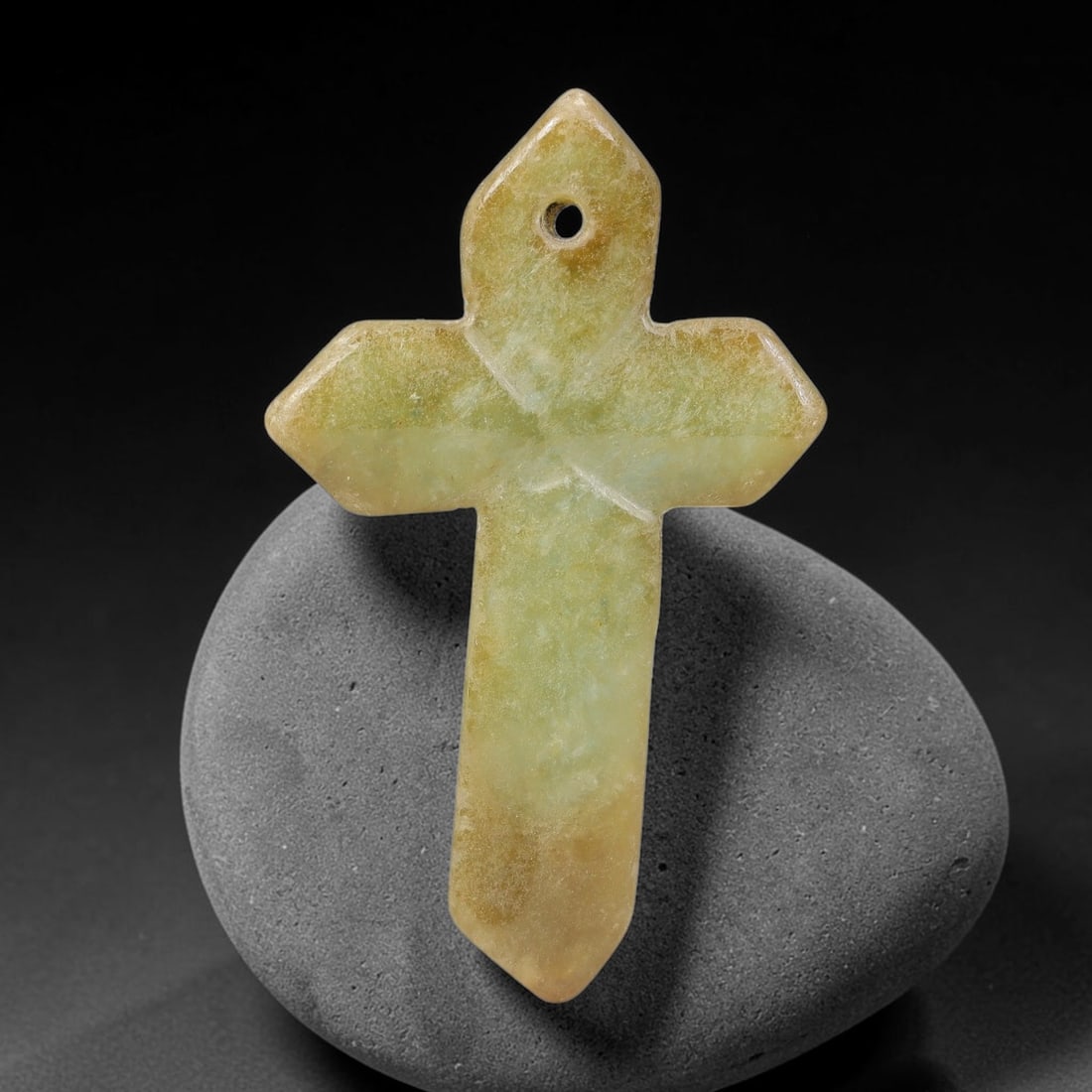Natural Burmese Type A Jadeite Jade Christian Cross Pendant, 18BT: Hand crafted untreated Burmese Type A jadeite jade cross pendant measuring 50x31 mm, shaped into a classic Christian cross silhouette with tapered pointed terminals. The stone features a smooth polish