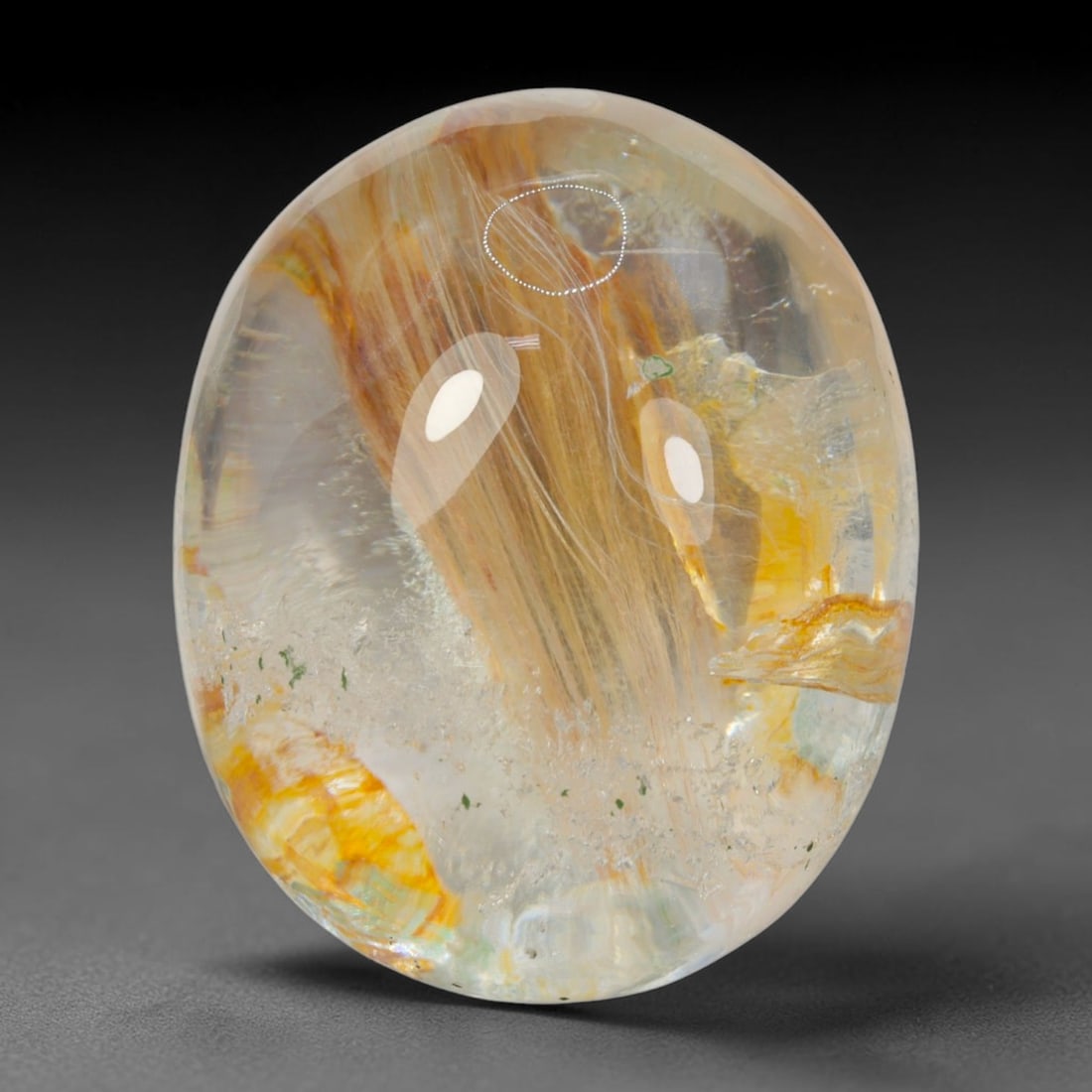 40ct Natural Brazilian Phantom Quartz Oval Cabochon Loose Gemstone, 97BL: This smoothly polished cabochon of natural phantom quartz preserves delicate layered phantom crystal formations enclosed inside transparent quartz host. The domed polished surface offers unobstructed 
