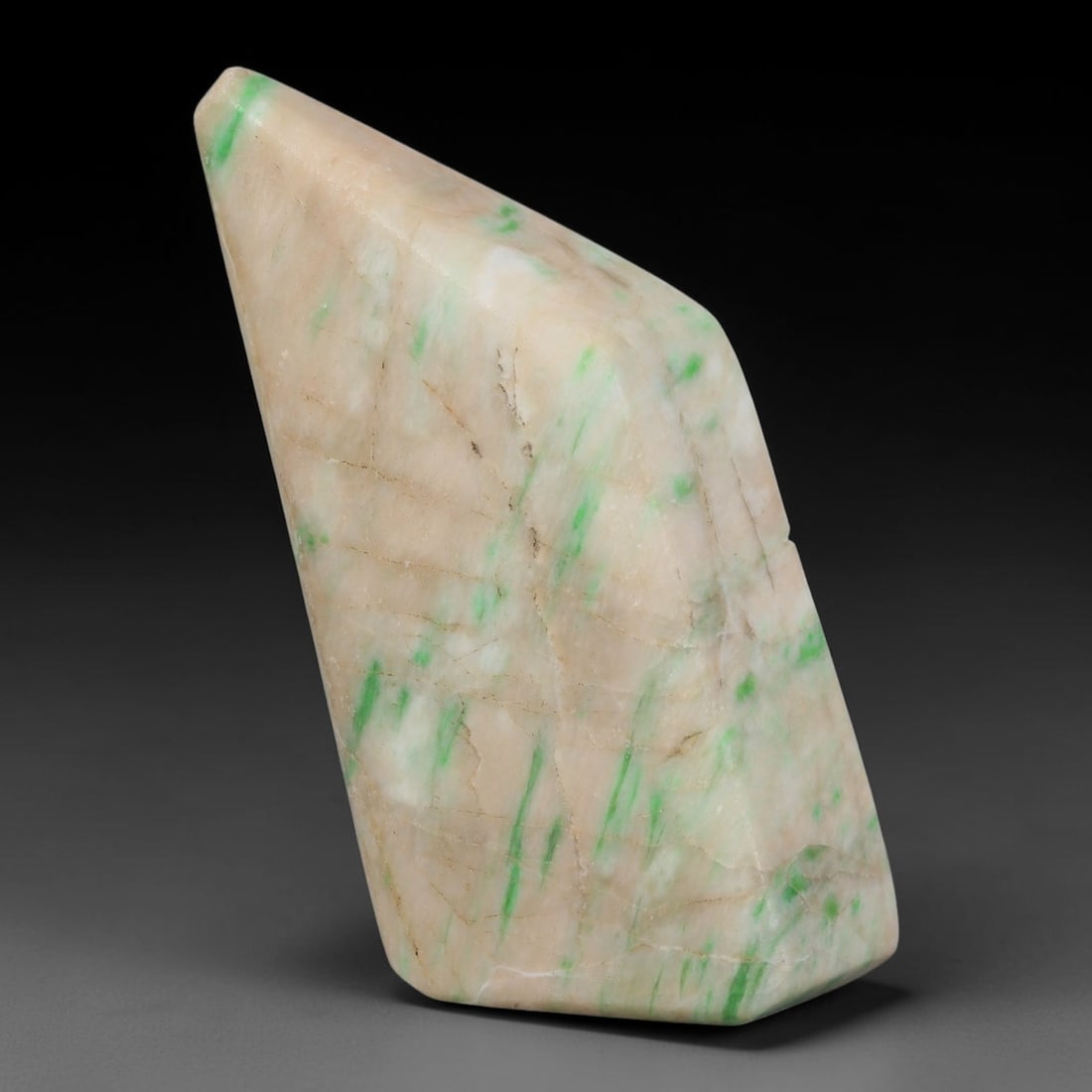 370ct Natural Type A Burmese Jadeite Jade Sliced Rough, 99FA: This specimen is a sliced rough block of natural Type A Burmese jadeite jade. The interior displays natural colour zoning with visible mineral veining and crystalline patterns typical of unprocessed j