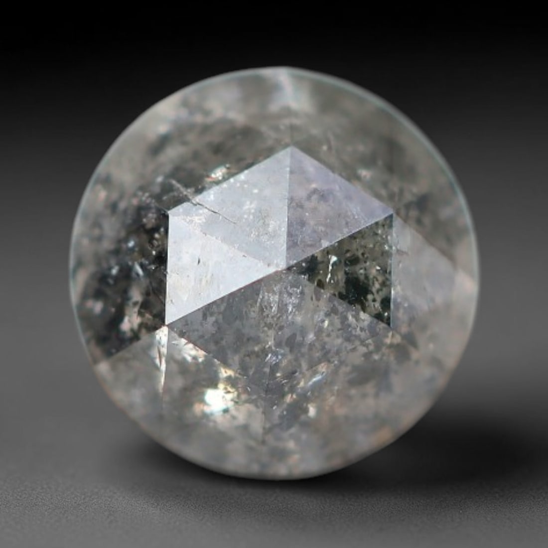 0.36ct Natural Untreated Salt And Pepper Round Rose Cut Diamond Loose Gemstone, 57BH: This polished natural salt and pepper diamond features a translucent pale base naturally scattered with distinctive dark mineral speckles and inclusions throughout its crystal interior, measured at ca