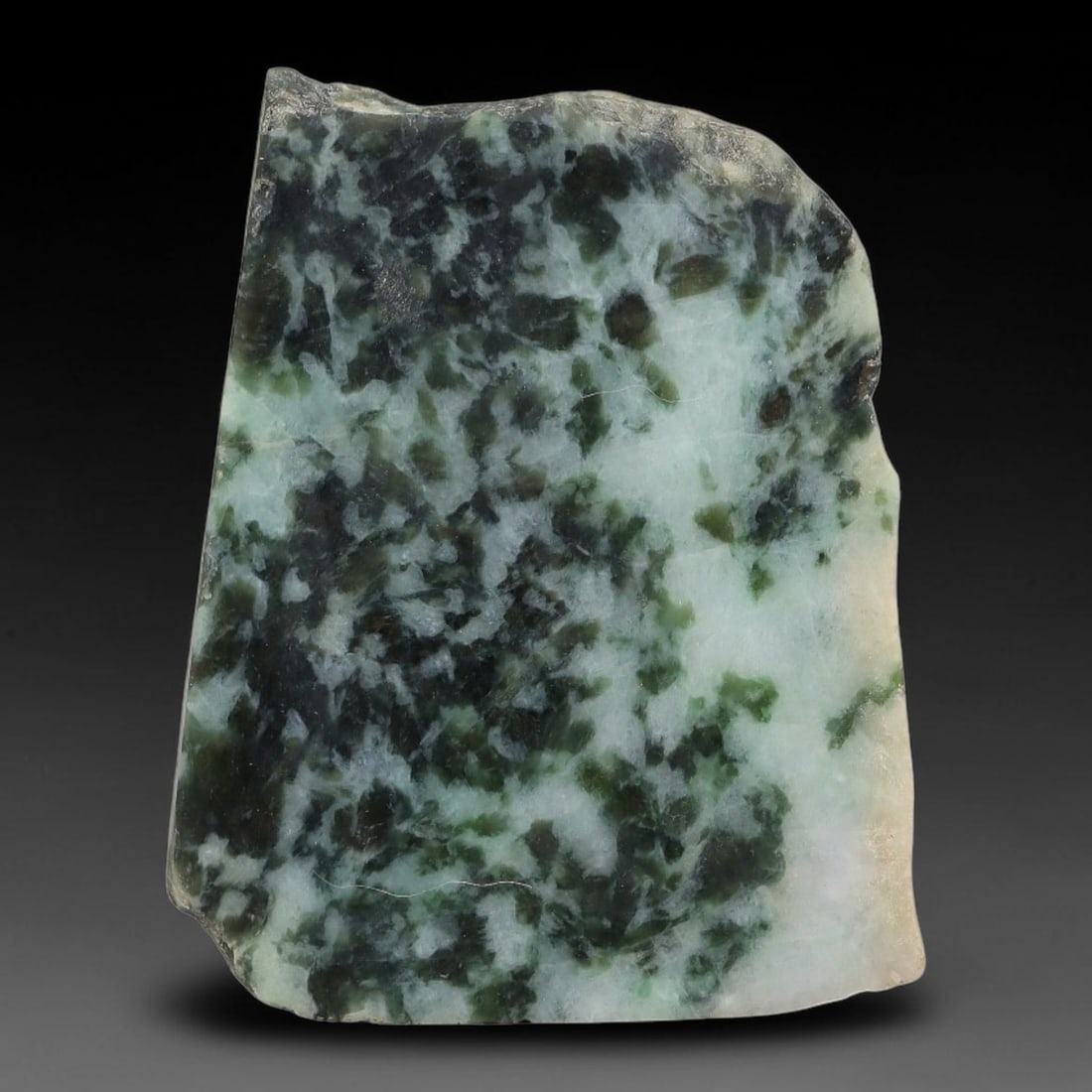 290ct Natural Type A Burmese Jadeite Jade Sliced Rough, 42AZ: This specimen is a sliced rough block of natural Type A Burmese jadeite jade. The interior displays natural colour zoning with visible mineral veining and crystalline patterns typical of unprocessed j