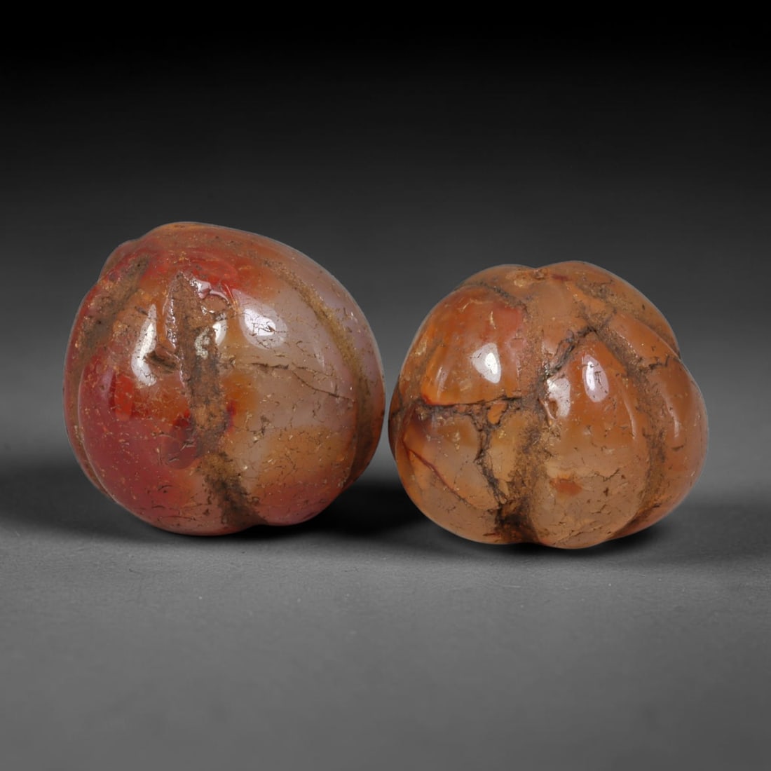 Ancient Medieval Khmer Angkor Culture Carved Carnelian Melon Bead Pair (802-1431 CE), 58AE (1 of 1)