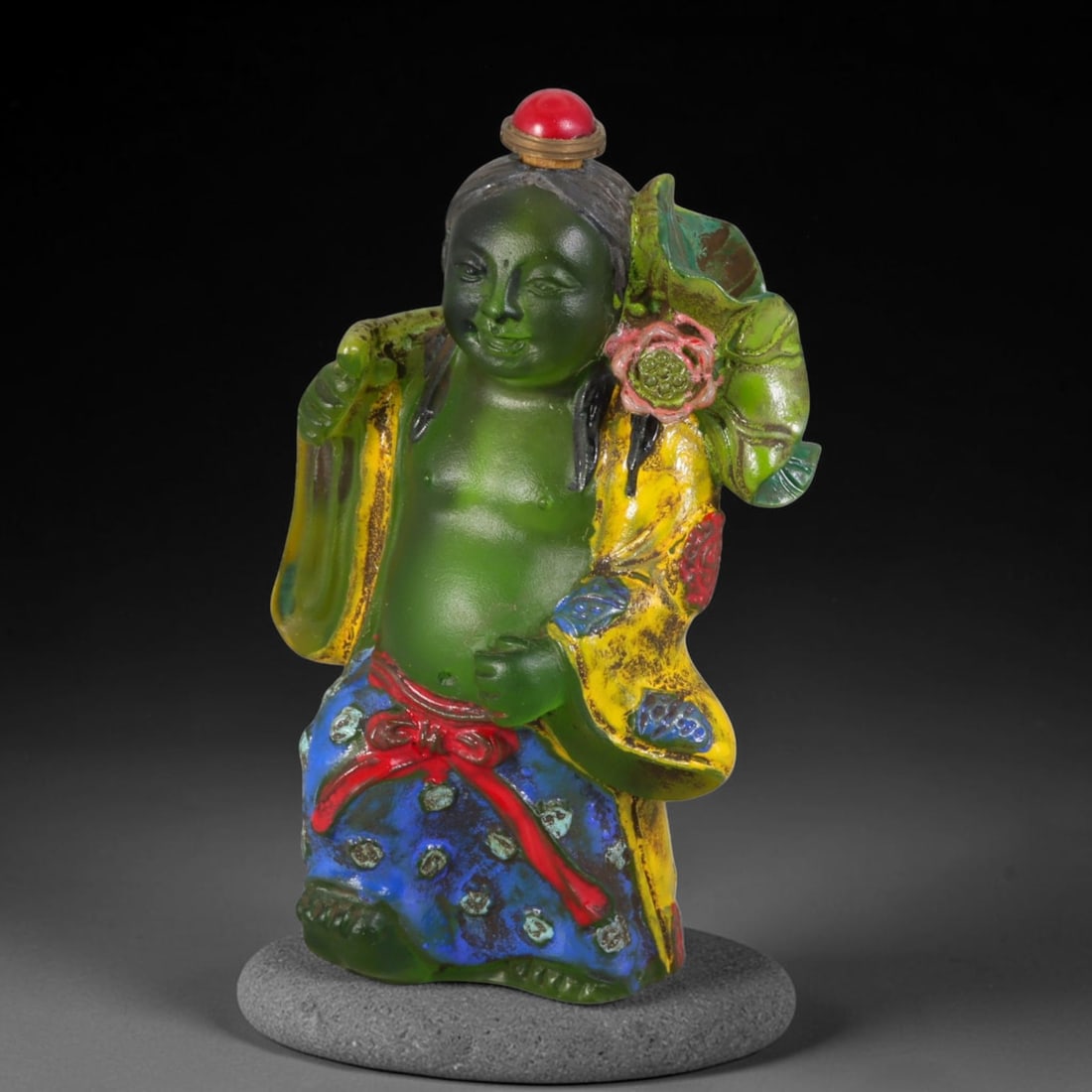 Vintage Chinese Painted Emerald Liuli Glass Snuff Bottle - He He Immortal With Lotus Figurine, 48AS: This fully sculpted anthropomorphic snuff bottle is formed from frosted translucent emerald vintage Chinese liuli glass, shaped as a traditional He He Er immortal figure with a gentle smiling face and