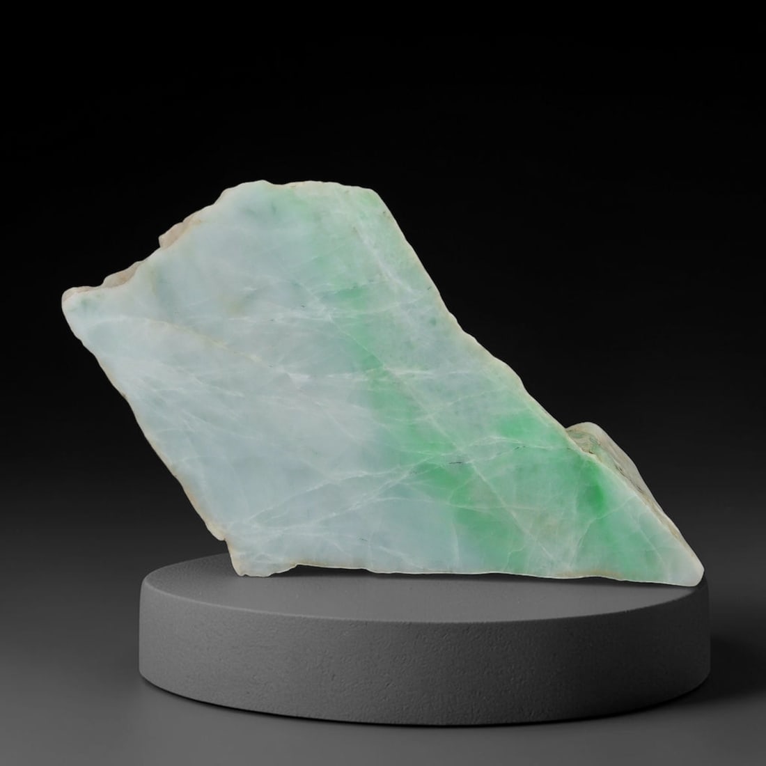 193ct Natural Type A Burmese Jadeite Jade Sliced Rough, 6AZ: This specimen is a sliced rough block of natural Type A Burmese jadeite jade. The interior displays natural colour zoning with visible mineral veining and crystalline patterns typical of unprocessed j