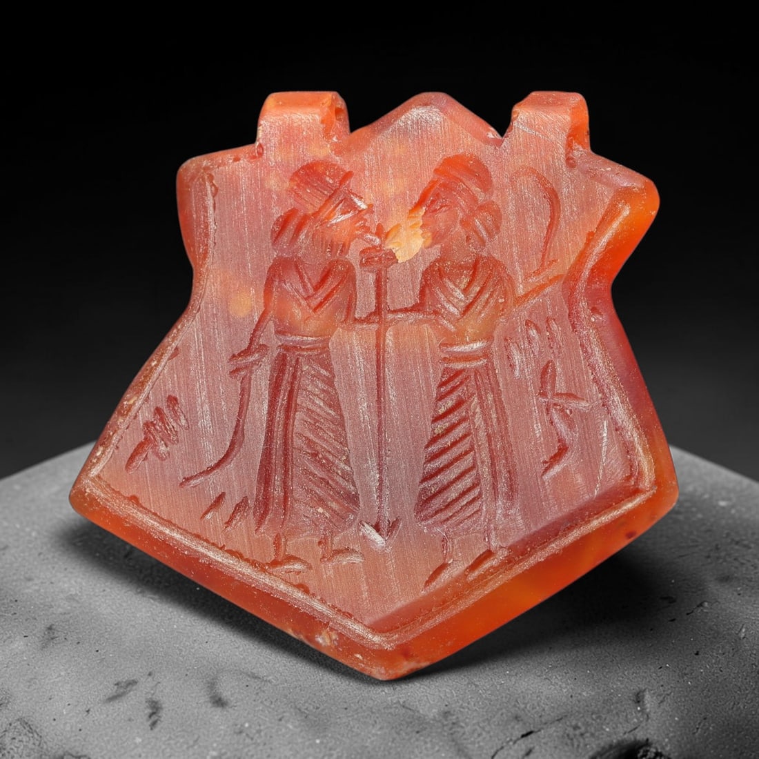 Vintage Natural Carnelian Agate Revival Indo-Persian Glyptic Figural Talisman Amulet Plaque, 5FK: This vintage talisman pendant plaque is skillfully carved from natural banded carnelian agate, crafted in a style referencing ancient Indo-Persian glyptic art traditions. The face bears detailed relie