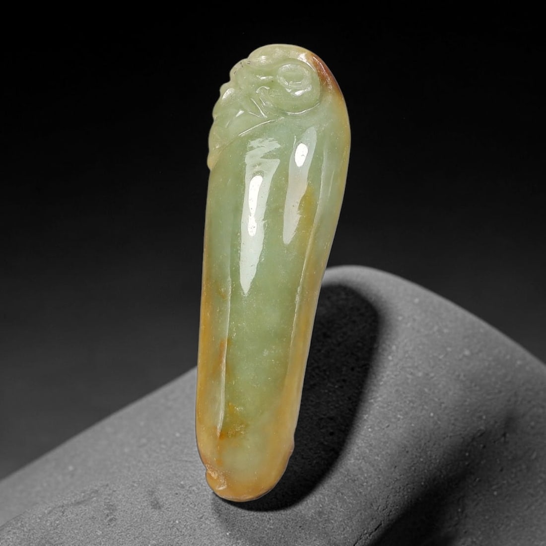 Natural Burmese Type A Jadeite Jade Hand Carved Pendant, 4BS: Artisan hand-carved untreated Burmese Type A jadeite jade pendant measuring 36x10 mm. Carefully sculpted with detailed relief craftsmanship and finished with a smooth glossy polish. Authentic Type A j