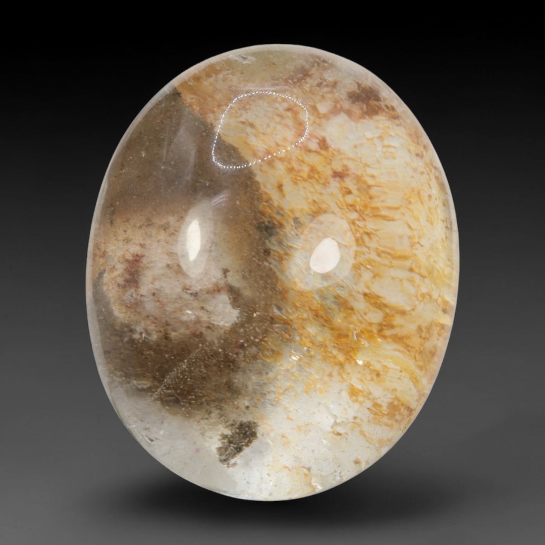 39ct Natural Brazilian Phantom Quartz Oval Cabochon Loose Gemstone, 9BM: This smoothly polished cabochon of natural phantom quartz preserves delicate layered phantom crystal formations enclosed inside transparent quartz host. The domed polished surface offers unobstructed 