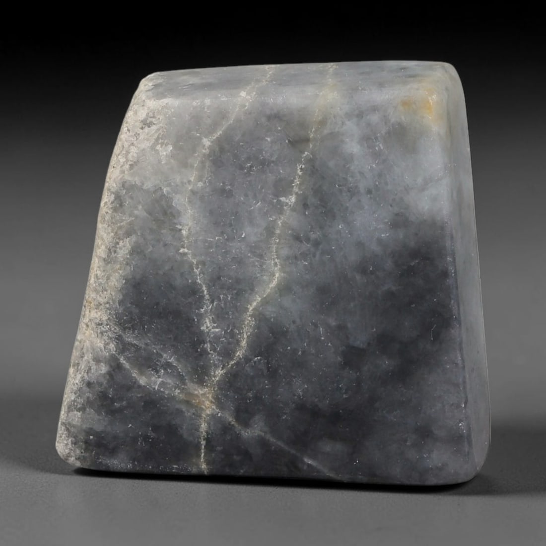 219ct Natural Type A Burmese Jadeite Jade Sliced Rough, 18FD: This specimen is a sliced rough block of natural Type A Burmese jadeite jade. The interior displays natural colour zoning with visible mineral veining and crystalline patterns typical of unprocessed j