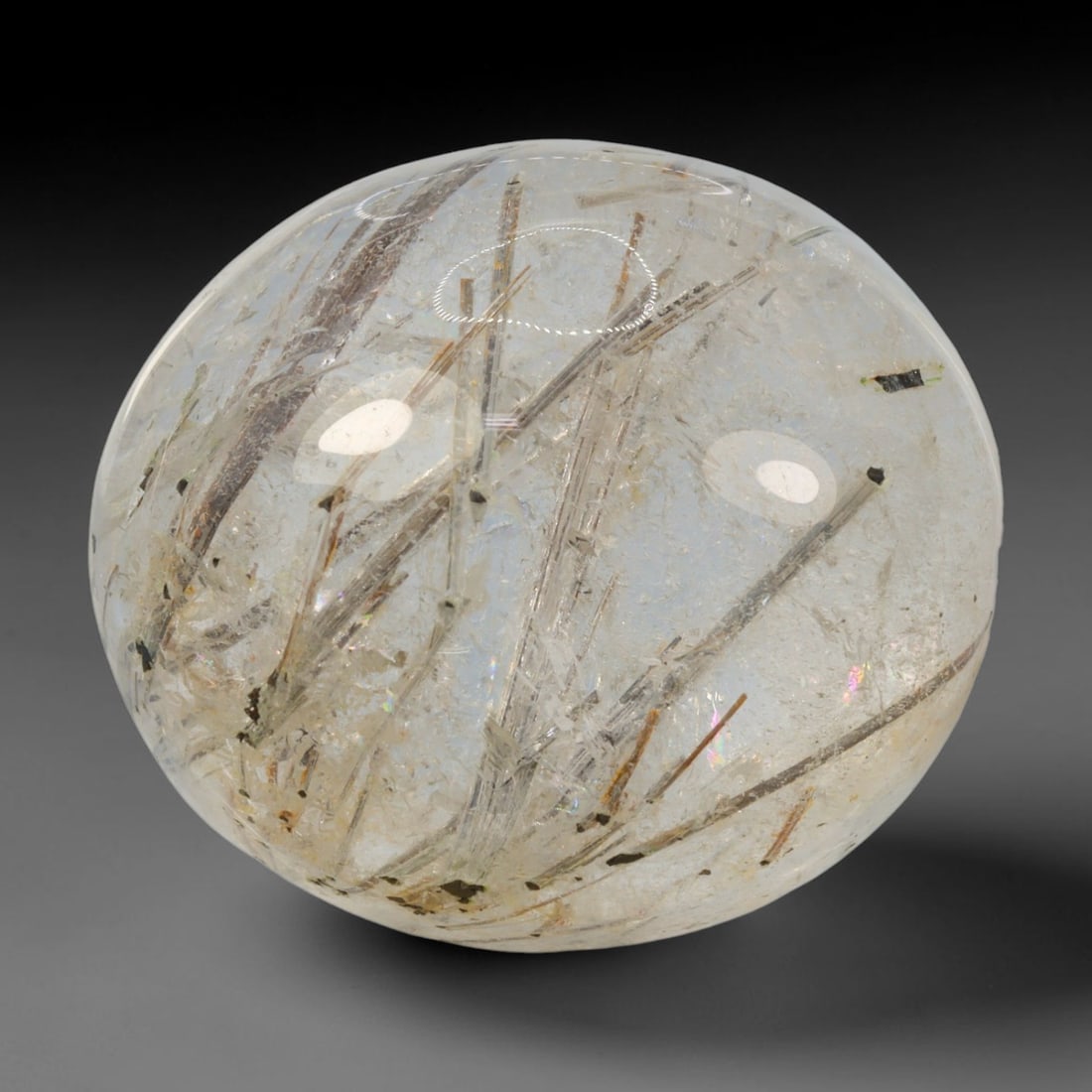 41ct Natural Brazilian Black Rutile Quartz Cabochon Loose Gemstone, 74BM: This polished cabochon of natural rutile quartz features countless distinct slender black rutile needle inclusions suspended within the clear quartz host crystal. The smooth domed surface enables full
