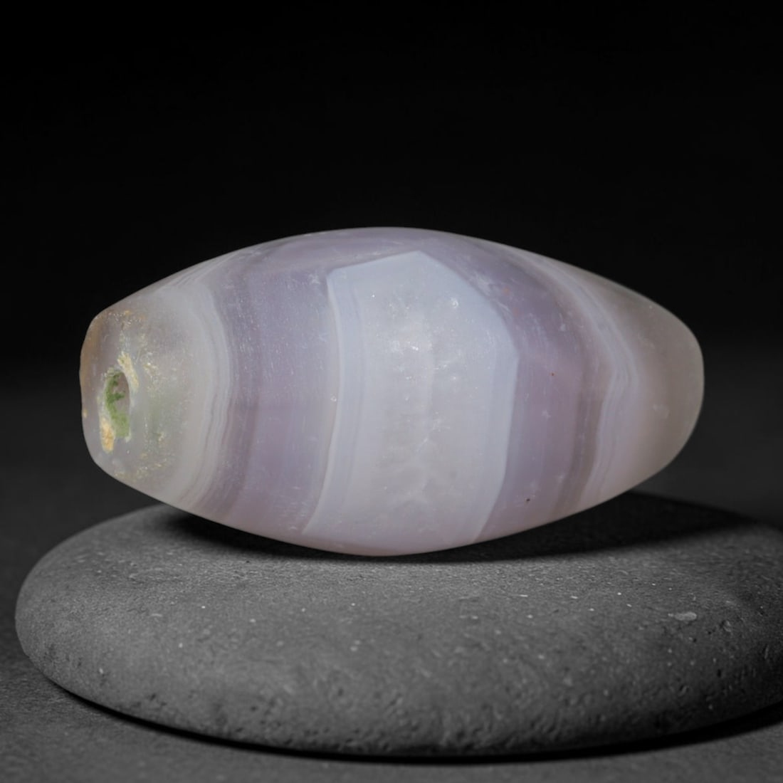 Ancient Greco-Bactrian Kingdom Lavender Banded Agate Barrel Bead (256-130 BCE), 86AD: This antique pale lavender banded agate barrel bead originates from the Greco-Bactrian Kingdom, a Hellenistic Central Asian civilization that blended Greek and local Central Asian lapidary traditions 
