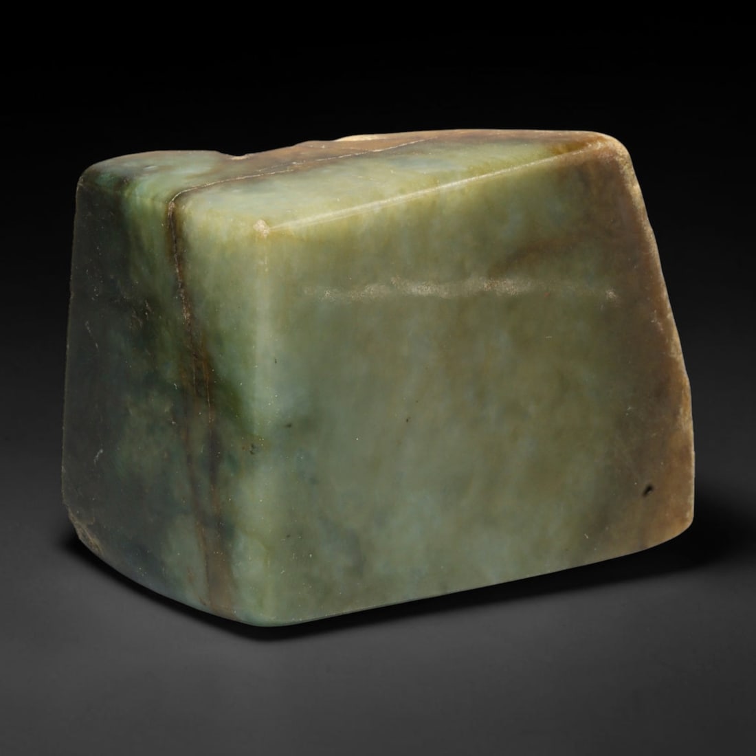 820ct Natural Type A Burmese Jadeite Jade Sliced Rough, 78EF: This specimen is a sliced rough block of natural Type A Burmese jadeite jade. The interior displays natural colour zoning with visible mineral veining and crystalline patterns typical of unprocessed j
