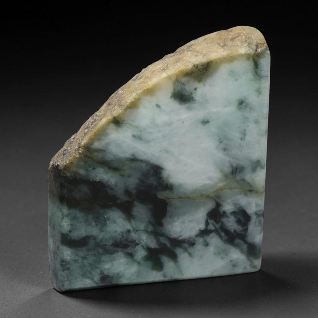 350ct Natural Type A Burmese Jadeite Jade Sliced Rough, 79EF: This specimen is a sliced rough block of natural Type A Burmese jadeite jade. The interior displays natural colour zoning with visible mineral veining and crystalline patterns typical of unprocessed j