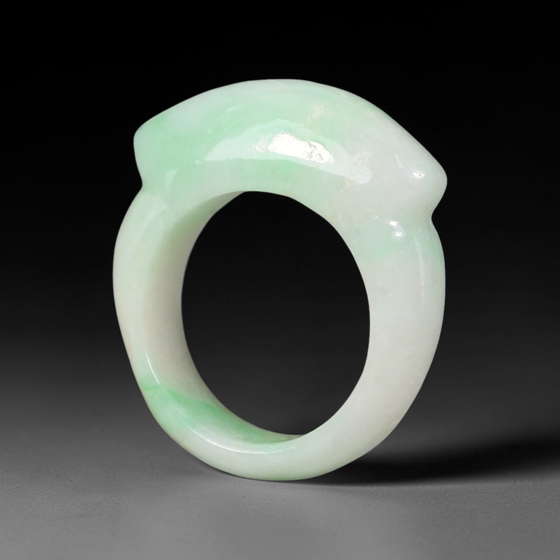 Natural Burmese Type A Jadeite Jade Moss-in-Snow Saddle Ring, 71BG: Hand-polished untreated Burmese Type A jadeite jade saddle ring, US ring size 8 with a band width of 9 mm. Showcases classic moss-in-snow patterning: bright apple green flecks naturally scattered acro