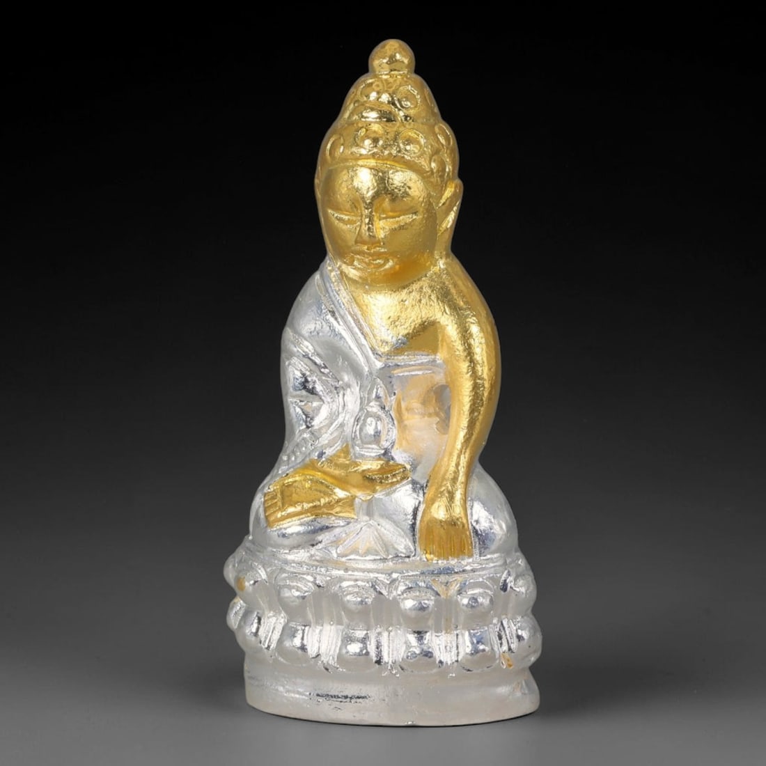 Thai Two-Tone Metal Mini Sacred Statuette Amulet, 100FP: Compact cast metal sacred figurine featuring detailed sculpted textures across the robe, cranial ornamentation and layered pedestal base. Contrasting metallic finishes adorn different portions of the 