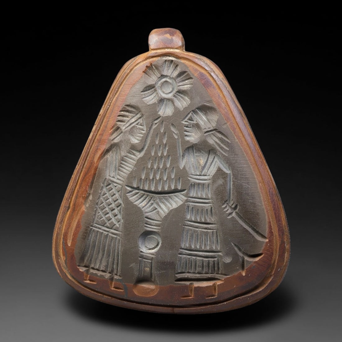 Vintage Natural Carnelian Agate Revival Indo-Persian Glyptic Figural Talisman Amulet Plaque, 8FK: This vintage talisman pendant plaque is skillfully carved from natural banded carnelian agate, crafted in a style referencing ancient Indo-Persian glyptic art traditions. The face bears detailed relie