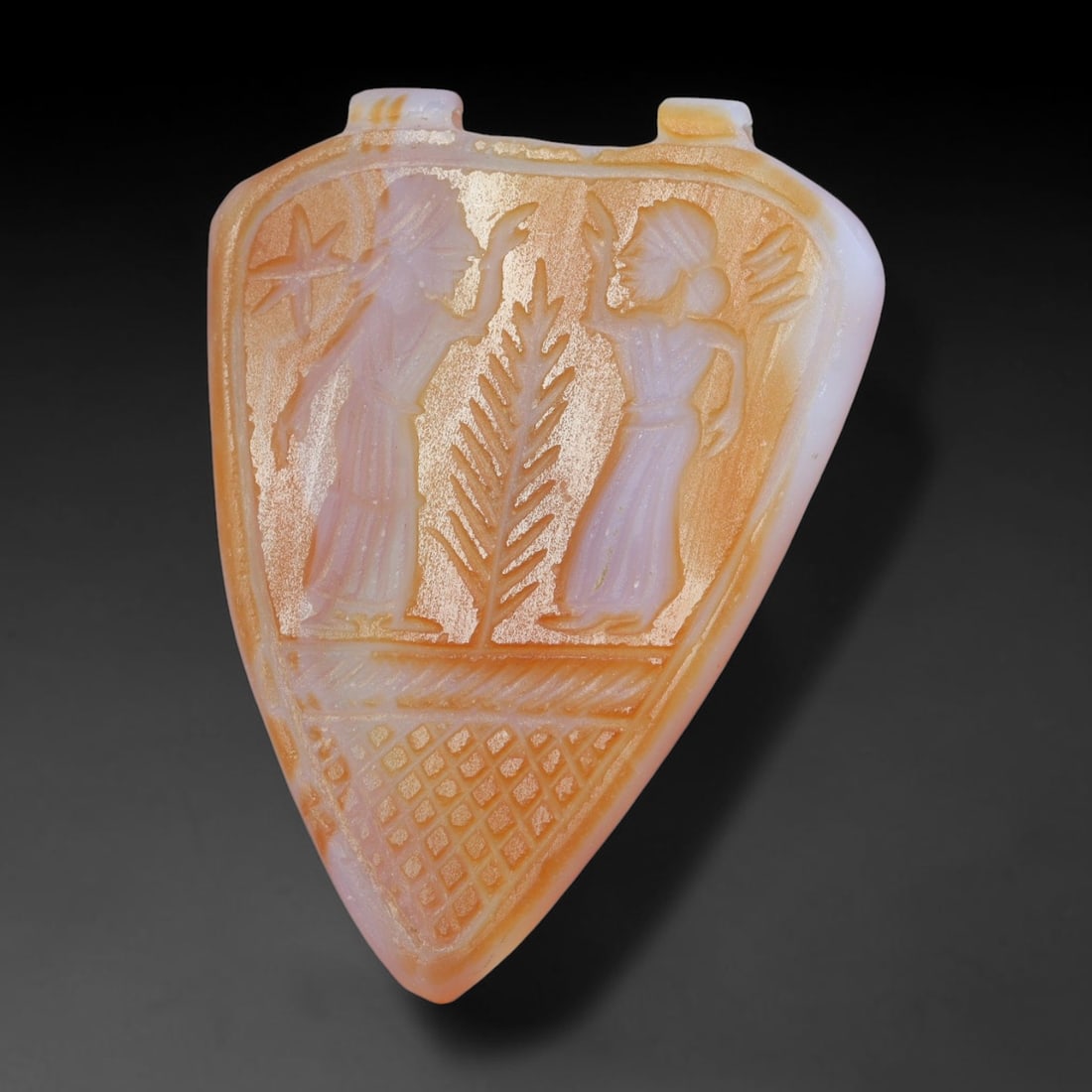 Vintage Natural Carnelian Agate Revival Indo-Persian Glyptic Figural Talisman Amulet Plaque, 77FK: This vintage talisman pendant plaque is skillfully carved from natural banded carnelian agate, crafted in a style referencing ancient Indo-Persian glyptic art traditions. The face bears detailed relie